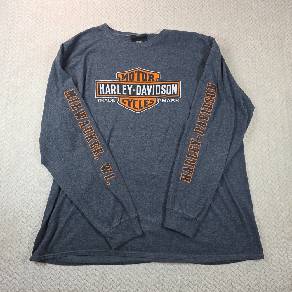 Harley Davidson Long Sleeve Shirt Spell Out Mens 2XL Milwaukee WI Grey